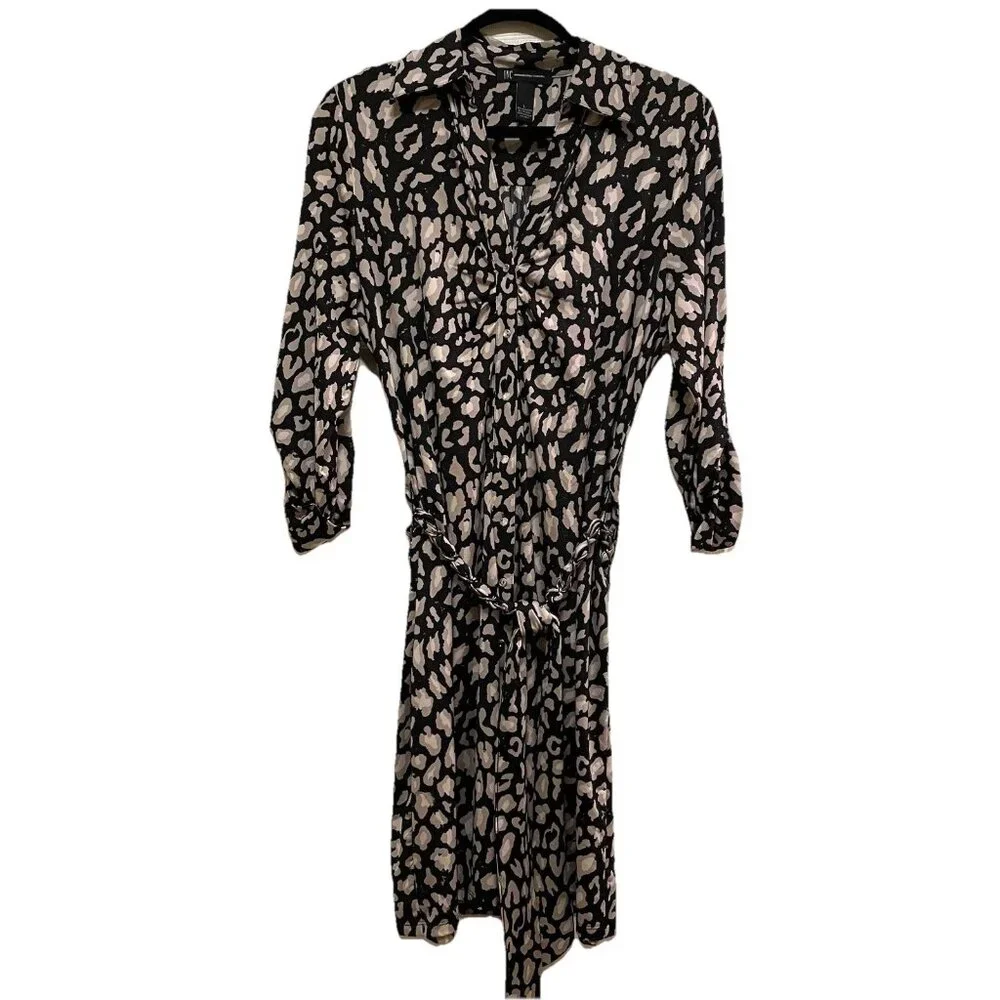 INC INTERNATIONAL CONCEPTS Black Leopard Chain Belt Roll-Tab Sleeve Dress Sz L - Picture 1 of 9